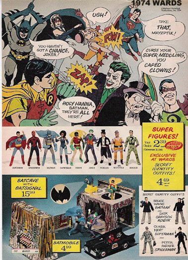 The Mego Superheroes biff it out in this 1974 Wards Christmas Page