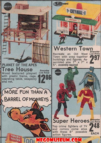 The Worlds Greatest Superheroes and Mego Planet of the Apes are inside the flier