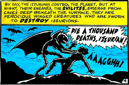 A violent page from the wonderfully illustrated Lords of Light comic book. It is interesting to point out that Izzur, the home planet is Ruzzi spelled backwards