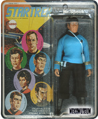Mego Spock on a Six Face card, white lettering