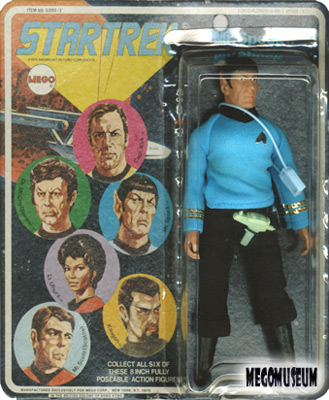 Mego Spock on a Six Face card, blue lettering