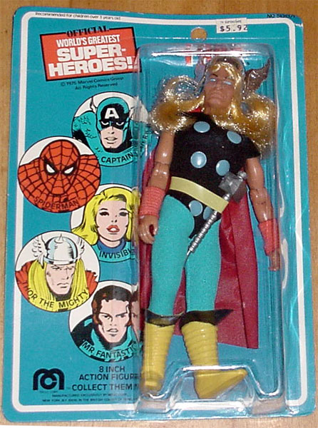 Carded 1975 Mego Thor which is more commonly found than other cards 