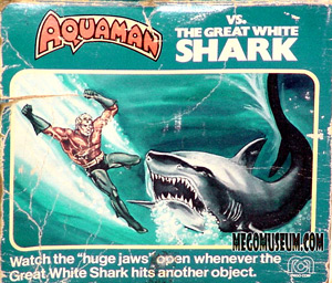 beautiful Mego artwork shows a pumped up Aquaman fighting his enemy