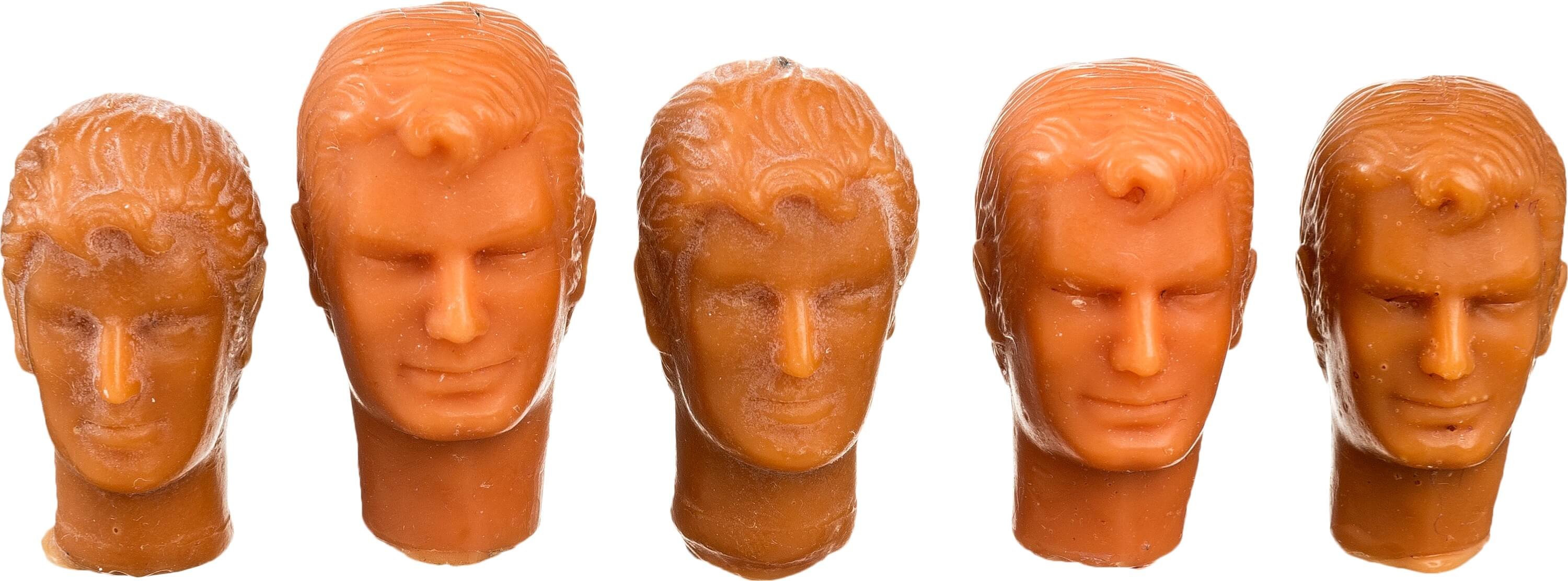 Original mego head sculpt prototype for Superman and Aquaman from the Mego World's Greatest Superheroes.
