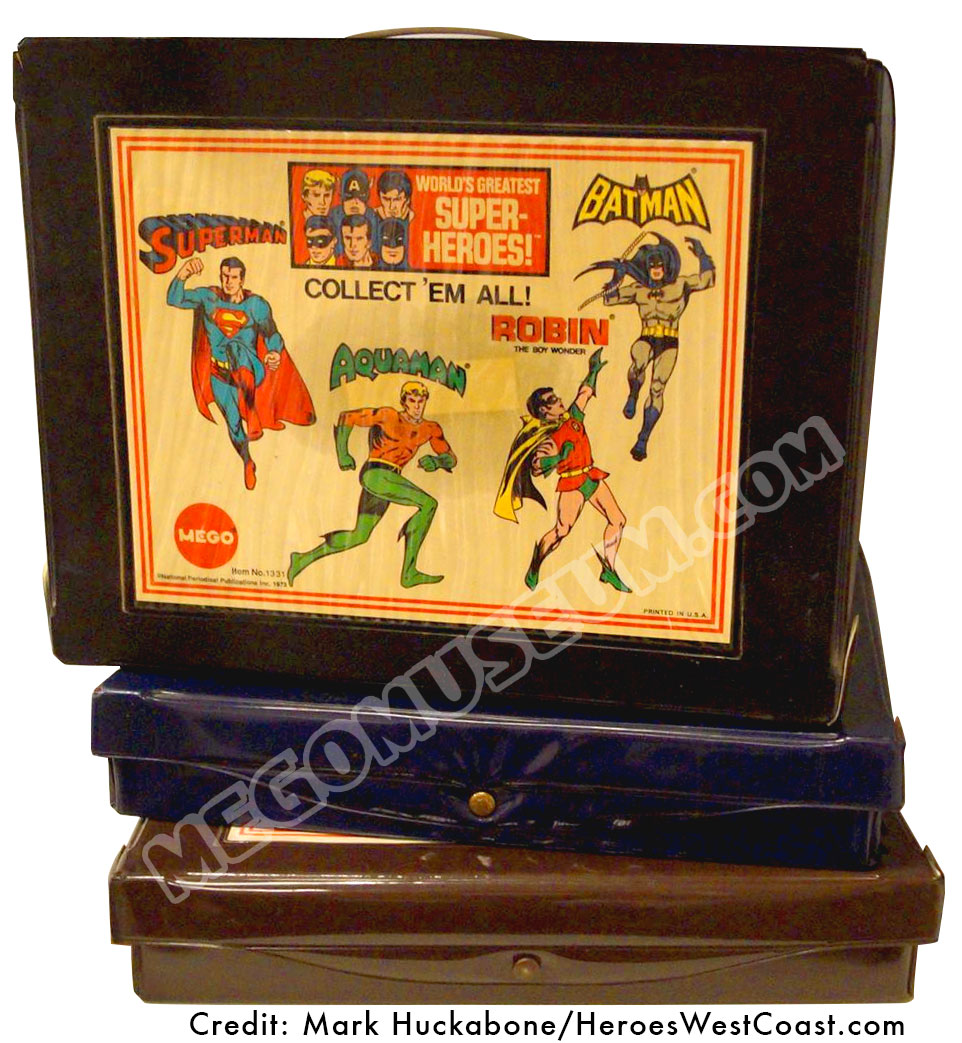 Mego World's Greatest Super Heroes 1974 Vinyl Carrying case. 3 color variations shown: Brown, Blue and Black, which is the most common.