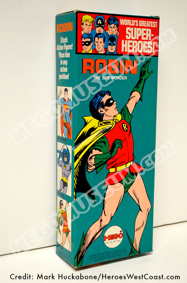 Mego Solid Box Robin. A flawless example of a Mego Solid Box Robin from the 1972 World's Greatest Super Heroes line. When Superman is on the left, you know you are looking at the front of the box.
