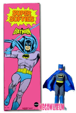 Mego Super Softie Bats stands next to the eight inch batman, the boxes are king sized variants of the 8 inch line