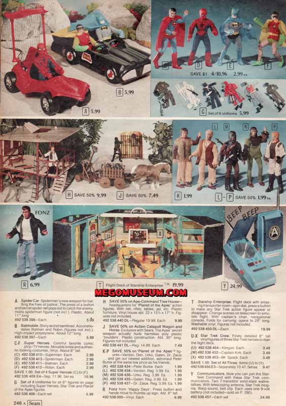 this page from the 1976 Sears catalog features mego superheroes, planet of the apes, star trek and the fonz.
