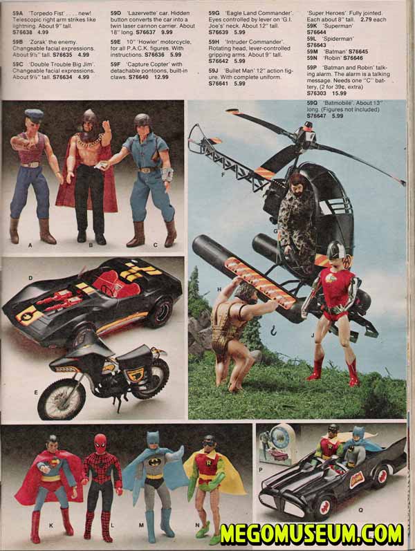 this page from the 1976 simpsons catalog gives mego superheroes the least amount of space next to big jim and gi joe, the mego superheroes were the only toy line to on this page to return to the 1977 catalog