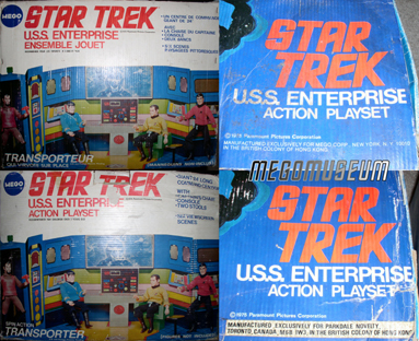 Detail of the front and top of the two foreign-release Enterprise boxes.